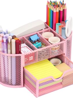 EOOUT Pink Desk Organizer, Pen Holder for Desk and Accessories, Mesh Desk Organizer with 8 Compartments and 1 Drawer for Office Home School Classroom