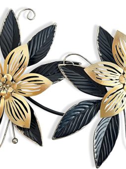 Black Gold Metal Flowers Wall Decor,15" 3D Multi-layer Modern Floral Art, Rustic Distressed Hanging Decor for Indoor, Bedroom Living Room Garden Patio, Home Decoration Accent