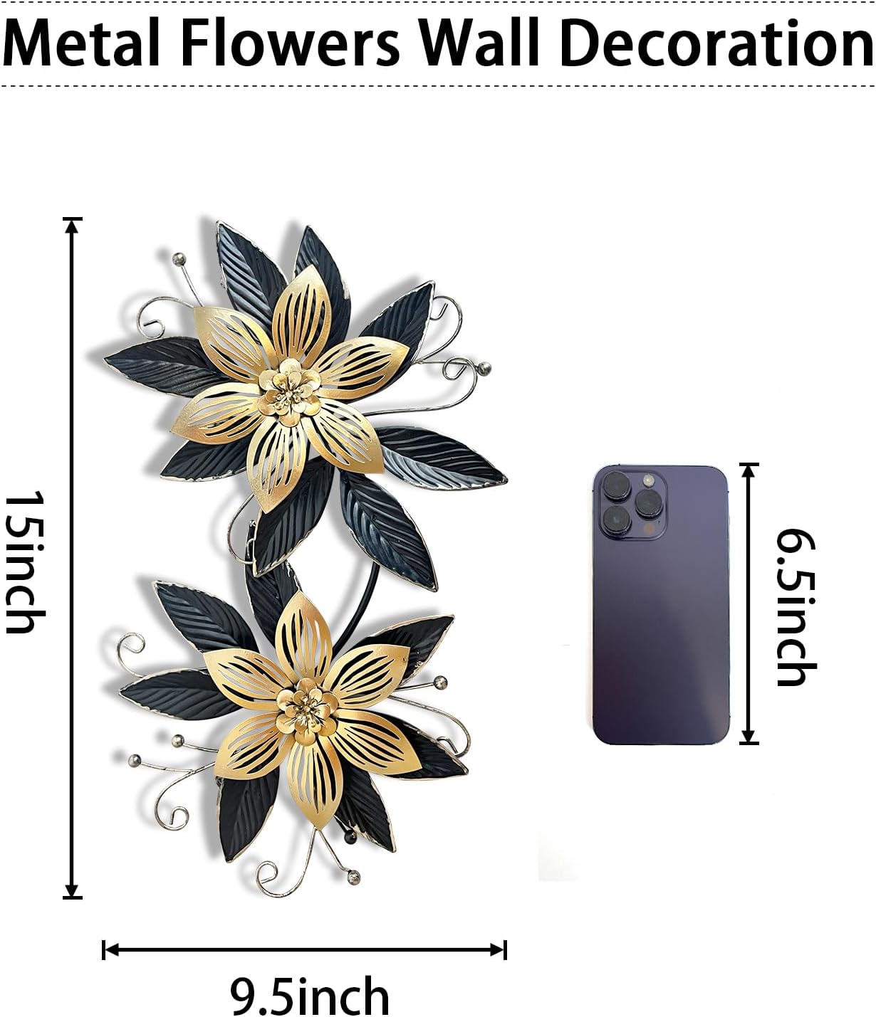 Black Gold Metal Flowers Wall Decor,15" 3D Multi-layer Modern Floral Art, Rustic Distressed Hanging Decor for Indoor, Bedroom Living Room Garden Patio, Home Decoration Accent - Image 2