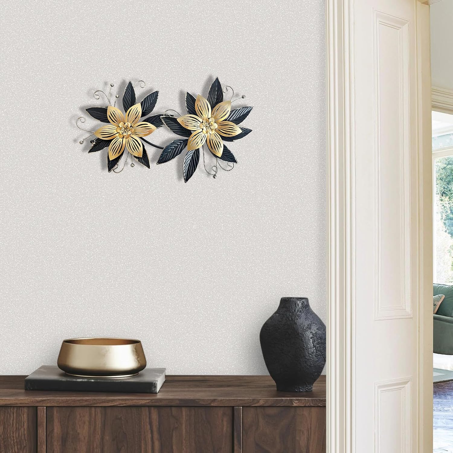 Black Gold Metal Flowers Wall Decor,15" 3D Multi-layer Modern Floral Art, Rustic Distressed Hanging Decor for Indoor, Bedroom Living Room Garden Patio, Home Decoration Accent - Image 3
