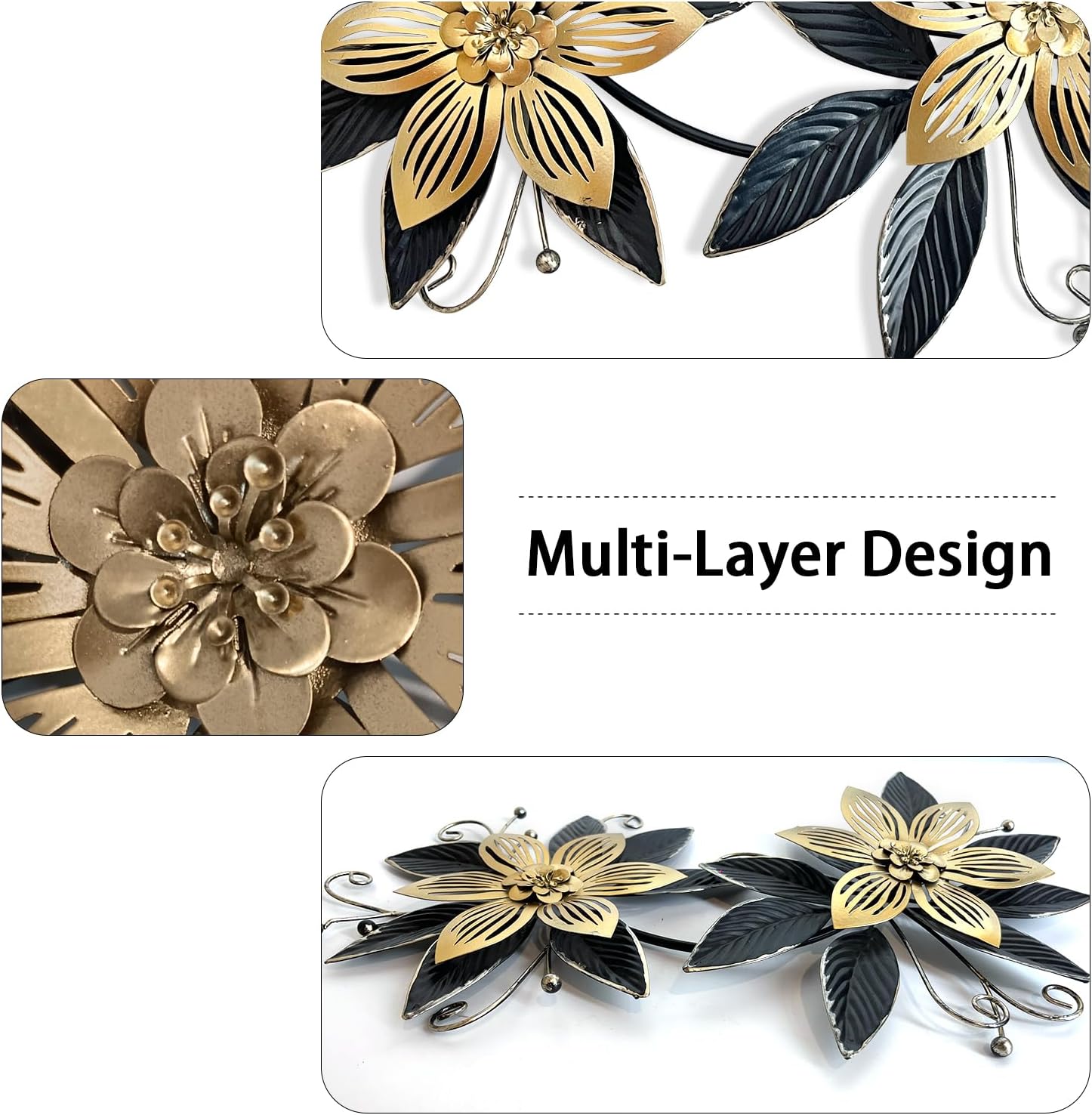 Black Gold Metal Flowers Wall Decor,15" 3D Multi-layer Modern Floral Art, Rustic Distressed Hanging Decor for Indoor, Bedroom Living Room Garden Patio, Home Decoration Accent - Image 4