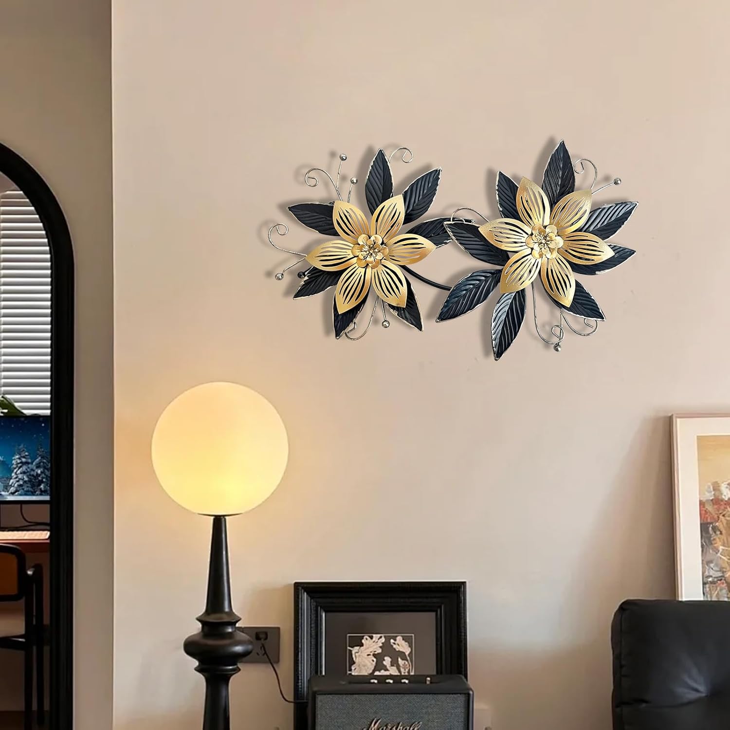 Black Gold Metal Flowers Wall Decor,15" 3D Multi-layer Modern Floral Art, Rustic Distressed Hanging Decor for Indoor, Bedroom Living Room Garden Patio, Home Decoration Accent - Image 5