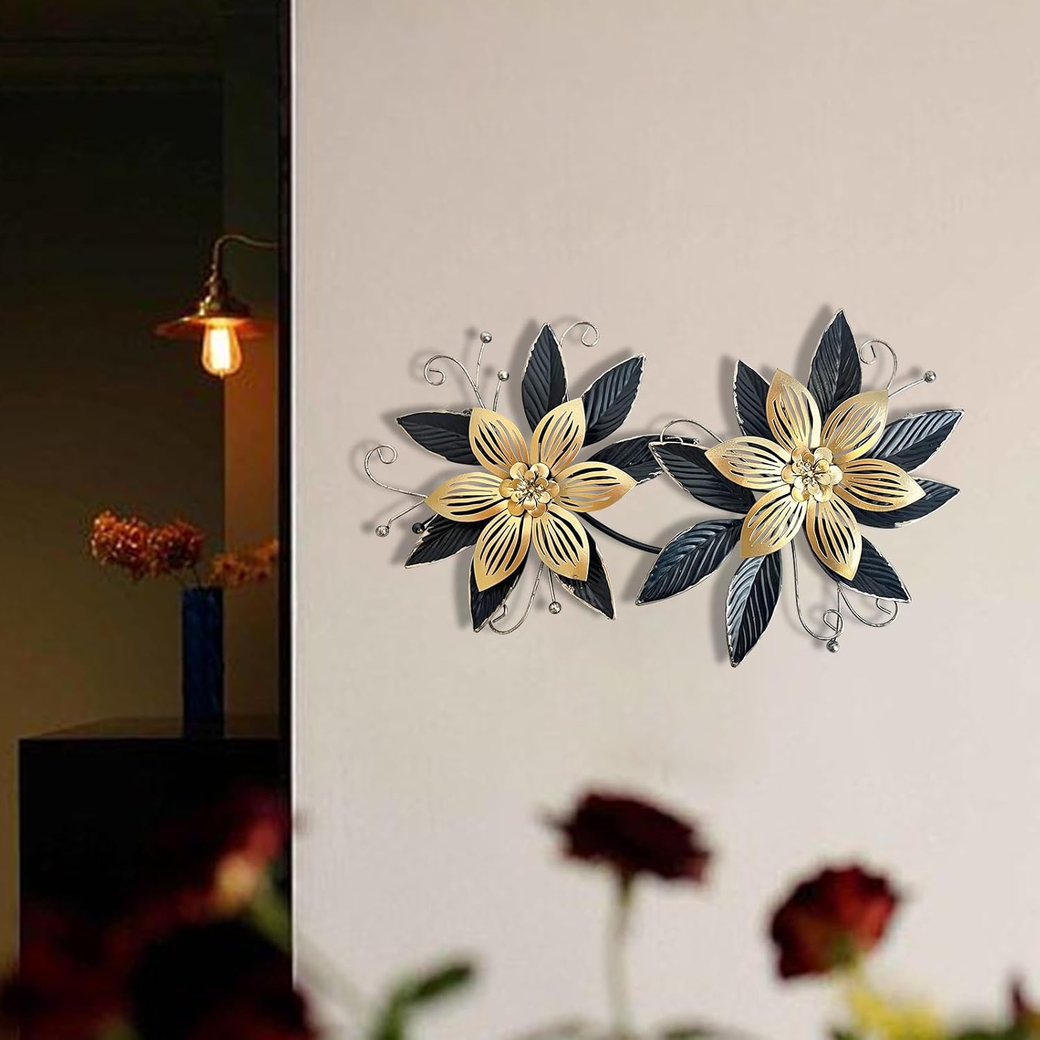 Black Gold Metal Flowers Wall Decor,15" 3D Multi-layer Modern Floral Art, Rustic Distressed Hanging Decor for Indoor, Bedroom Living Room Garden Patio, Home Decoration Accent - Image 8