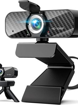 Webcam Full HD 1080P with Built-in Microphone and Rotatable Tripod, Carbon Fiber Board and Privacy Cover, Auto Light Correction, Adjustable FOV, Plug&Play for Zoom/Skype/Facetime/YouTube, Laptop/PC