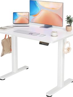 YDN Electric Standing Desk Adjustable Height, 40 x 24 Inches Stand up Desk with Cable Management, Home Office Desks with Splice Board & White Frame, White Top